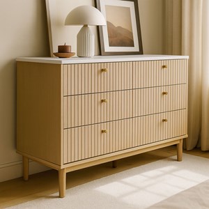 Brox buffet 6 tiroirs aspect bois rainuré et blanc 120cm