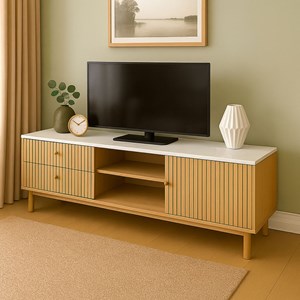 Trix meuble tv aspect bois rainuré et blanc avec tiroirs et placard 150cm