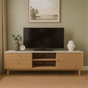 Trix meuble tv aspect bois rainuré et marbre avec tiroirs et placard 150cm