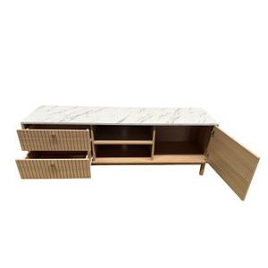 Trix meuble tv aspect bois rainuré et marbre avec tiroirs et placard 150cm