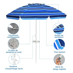 Parasol de plage inclinable 2,2 m avec 220 x 220 x 220 cm bleue