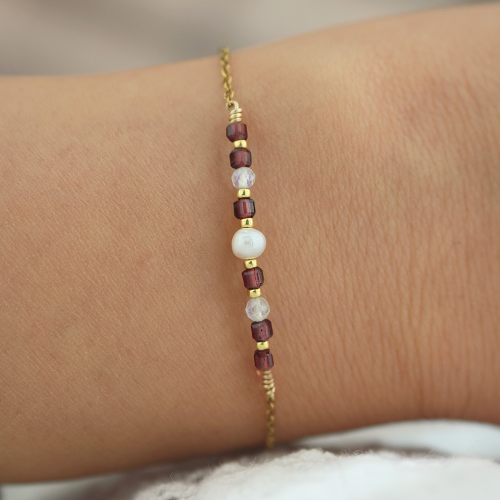 Bracelet Femme En Grenat Rouge - Perles Naturelles & Plaqué Or 18 Carats - Chaîne Ajustable - Fait Main - Cadeau élégant - 6
