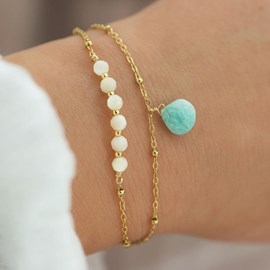 Bracelet double rang perles de nacre et pierre d'amazonite