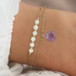 Bracelet double rang pierre d'améthyste et perles de nacre