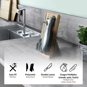 Couteau electrique de cuisine sans fil - chargeur et support en bois et 2