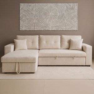 Glasgow canapé d'angle convertible 4 places avec coffre en velours côtelé beige