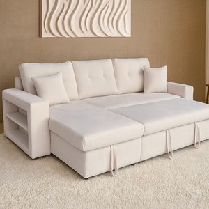 Glasgow canapé d'angle convertible 4 places avec coffre en velours côtelé beige