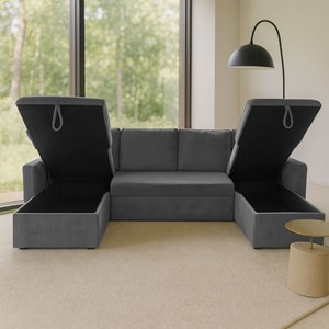 Mahé canapé panoramique convertible avec coffres 4 places en velours côtelé gris