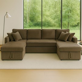 Mahé canapé panoramique convertible avec coffres 4 places en velours côtelé vert