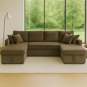 Mahé canapé panoramique convertible avec coffres 4 places en velours côtelé vert