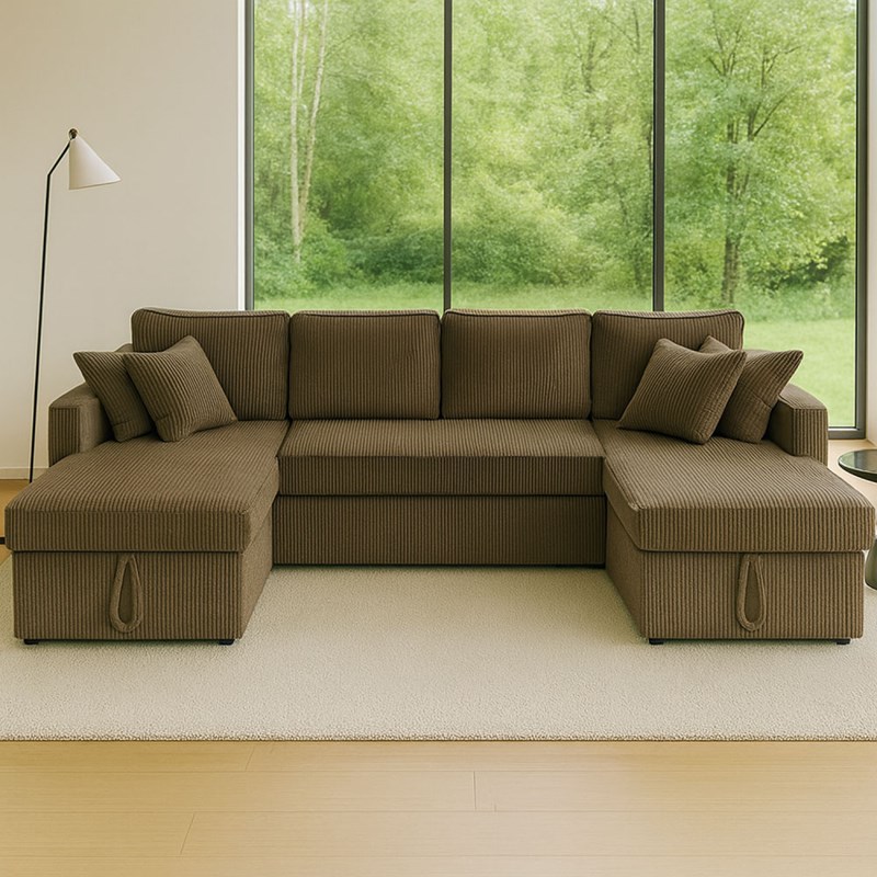 Mahé canapé panoramique convertible avec coffres 4 places en velours côtelé vert