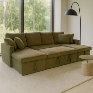 Mahé canapé panoramique convertible avec coffres 4 places en velours côtelé vert