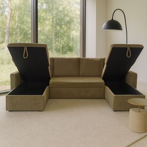 Mahé canapé panoramique convertible avec coffres 4 places en velours côtelé vert