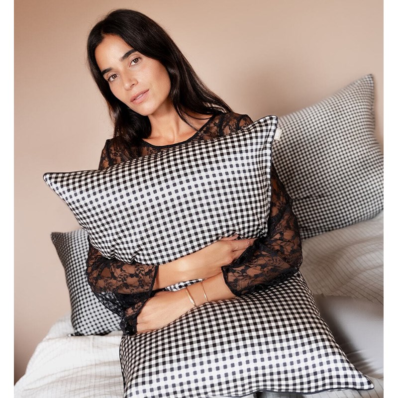 Taie d'oreiller en soie vichy noir 51x76