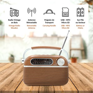 Radio vintage rétro bois fm am sw - mp3 usb micro sd - compacte et design