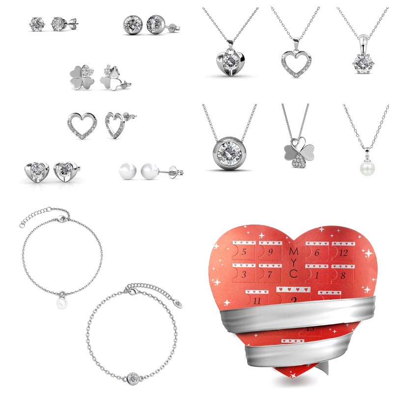 Calendrier de l'avent coffret coeur 14 bijoux - argenté et cristal