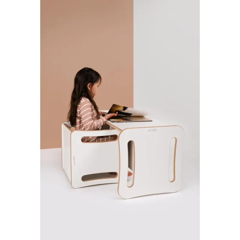 Table et chaise 2-en-1 pour enfant en bois blanc (Tupti.wood) - Couverture