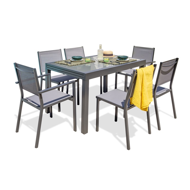 Ensemble repas 6 places en aluminium et plateau verre