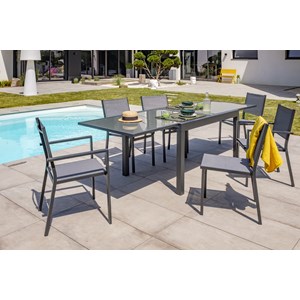 Ensemble repas 6 places en aluminium et plateau verre