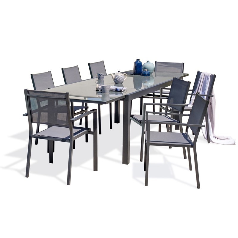 Ensemble repas 8 places en aluminium et plateau verre