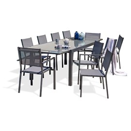 Ensemble repas 10 places en aluminium et plateau verre
