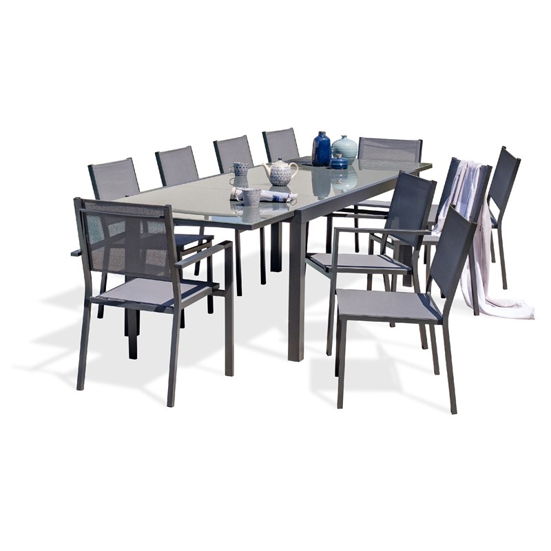 Ensemble repas 10 places en aluminium et plateau verre