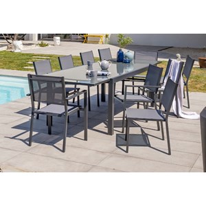 Ensemble repas 10 places en aluminium et plateau verre