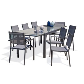 Ensemble repas 8 places en aluminium et plateau verre