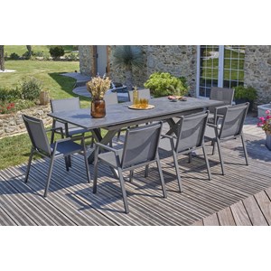 Ensemble repas de jardin 8 pl plateau céramique sur verre