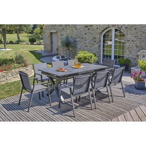 Ensemble repas de jardin 8 pl plateau céramique sur verre