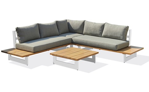 Salon de jardin 5 places en aluminium et plateau imitation bois