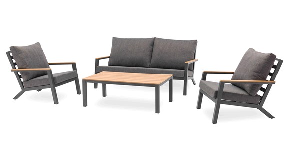 Salon de jardin 5 pl en alu et plateau composite effet bois