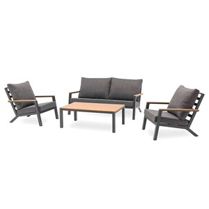 Salon de jardin 5 pl en alu et plateau composite effet bois