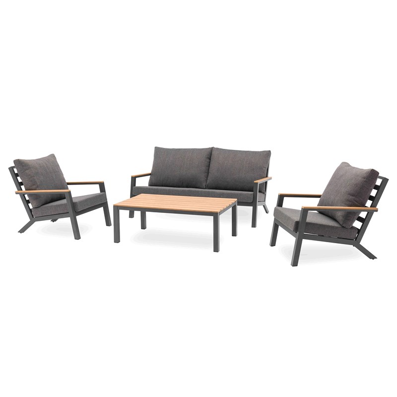 Salon de jardin 5 pl en alu et plateau composite effet bois