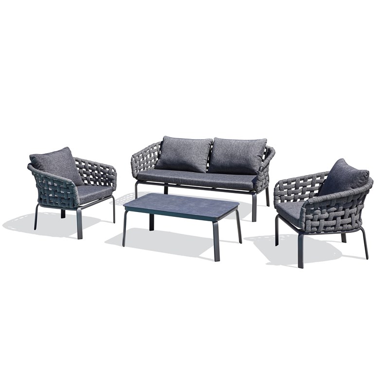 Salon de jardin 4 places en corde tissée et aluminium
