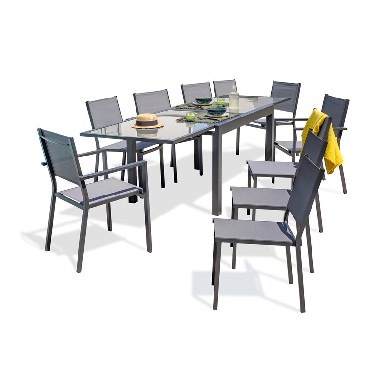 Ensemble repas 10 places en aluminium et plateau verre