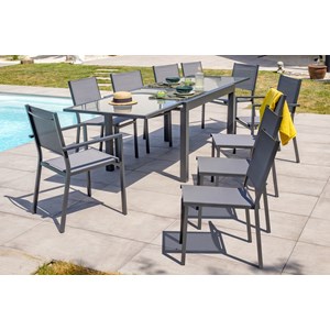 Ensemble repas 10 places en aluminium et plateau verre