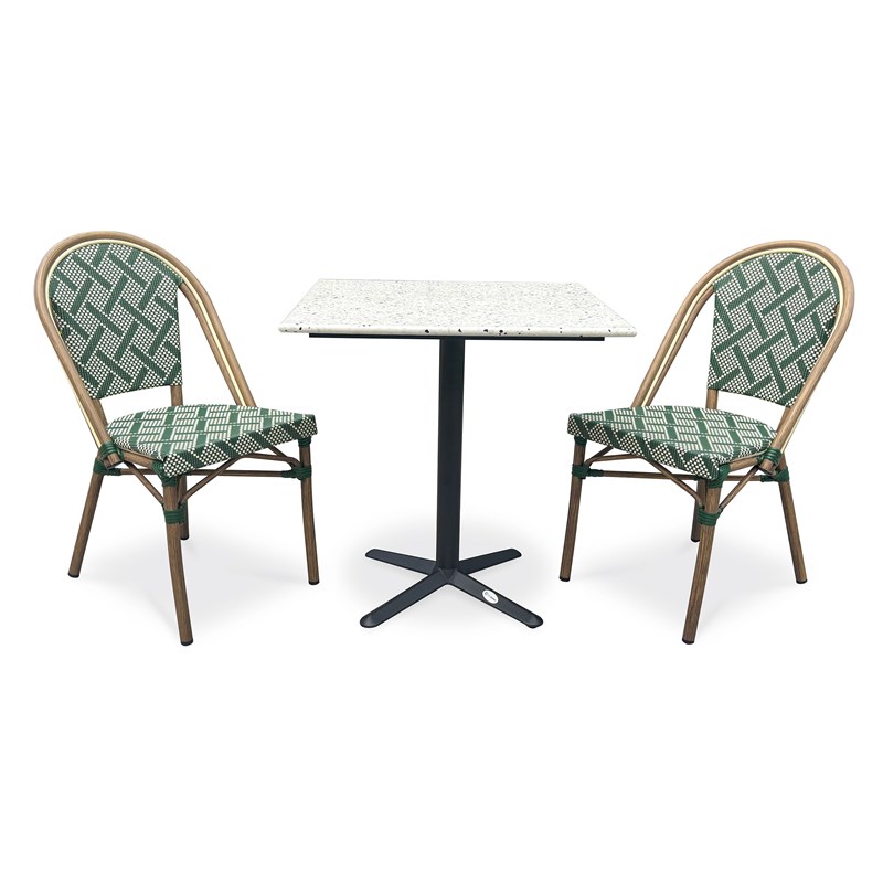Ensemble repas de jardin 2 places en acier et plateau terrazzo