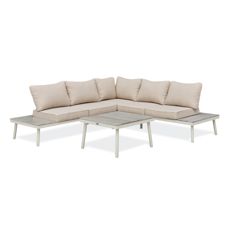 Salon de jardin d'angle 5 pl en alu et alu aspect boisé - blanc