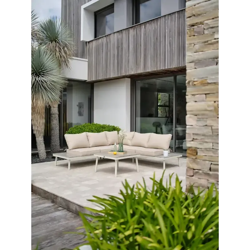 Salon de jardin d'angle 5 pl en alu et alu aspect boisé - blanc