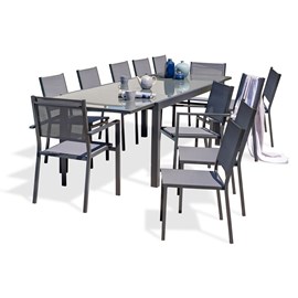 Ensemble repas 12 places en aluminium et plateau verre