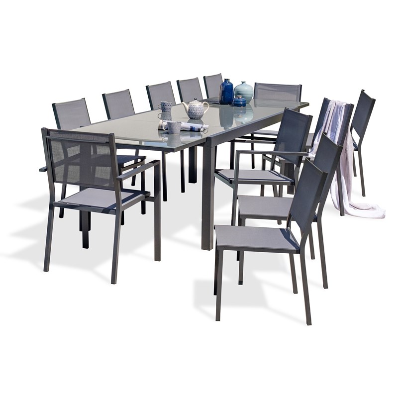 Ensemble repas 12 places en aluminium et plateau verre