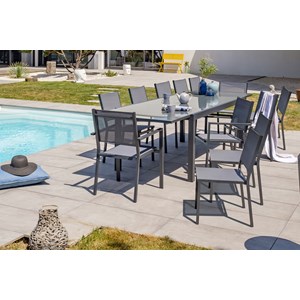 Ensemble repas 12 places en aluminium et plateau verre