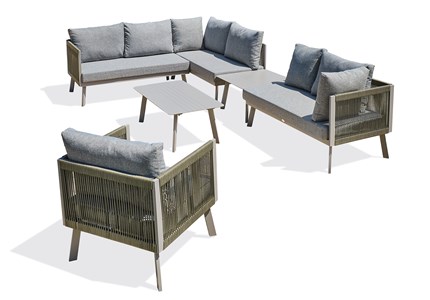 Salon de jardin d'angle 7 places en aluminium et corde