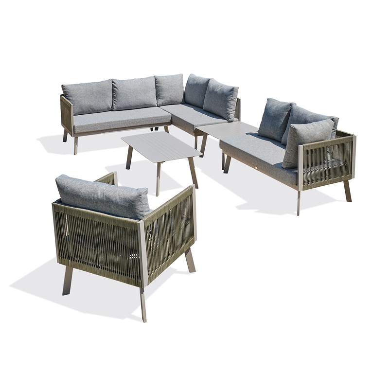 Salon de jardin d'angle 7 places en aluminium et corde