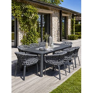 Ensemble repas de jardin 8 pl en alu plateau céramique sur verre