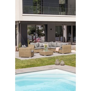 Salon de jardin 6 places en résine tressée miel