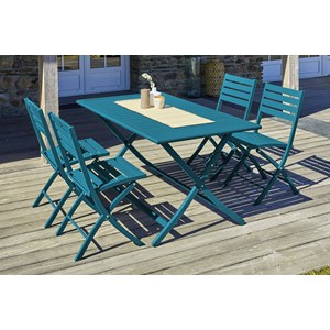 Ensemble repas de jardin 4 places en aluminium bleu canard