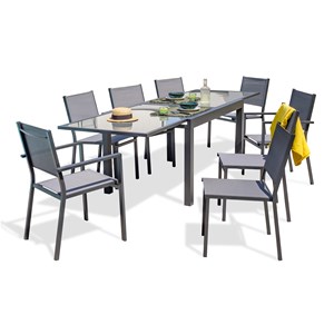 Ensemble repas 8 places en aluminium et plateau verre