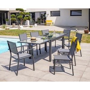 Ensemble repas 8 places en aluminium et plateau verre